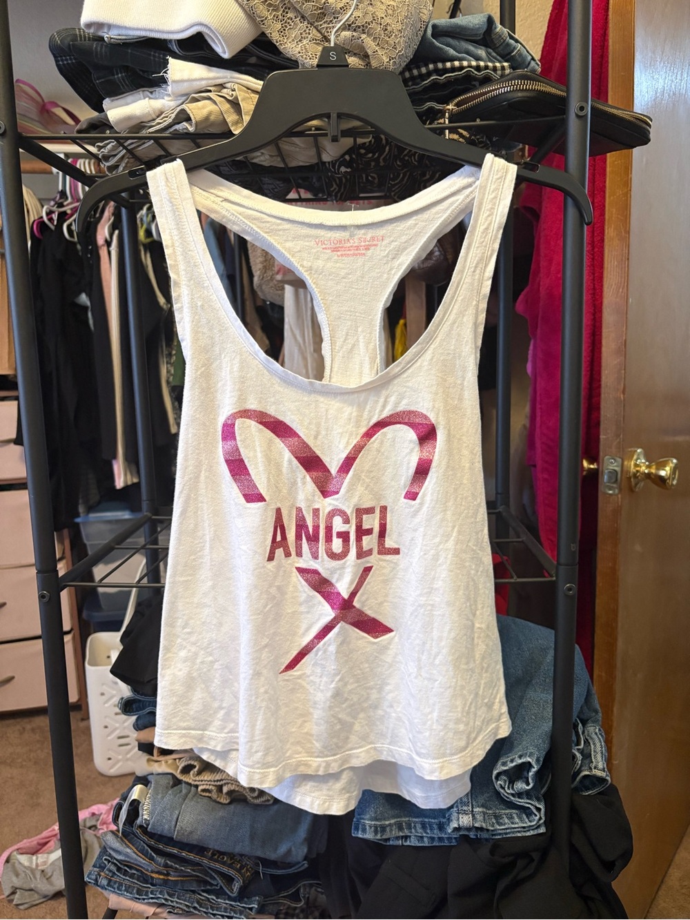 Victoria's Secret White Racerback Tank with Pink 'Angel' Graphic